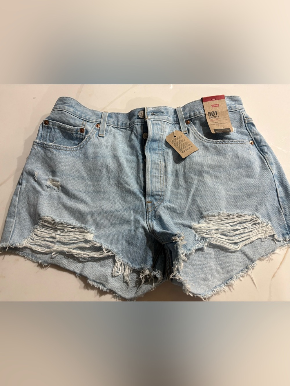 Levi's Light Blue Distressed 501 Denim Shorts - Women